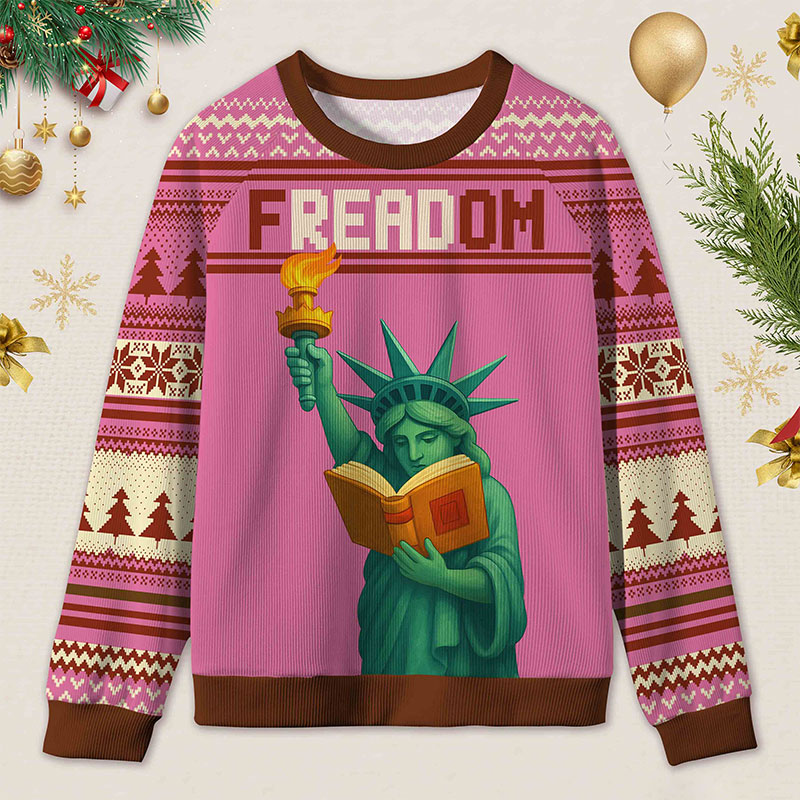 Personalized Reading Freedom Statue Fun Ugly Sweater Holiday Gift for Book Lovers