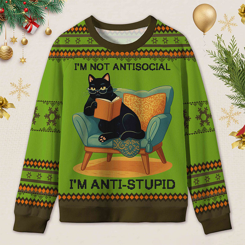 Personalized Wise Bookish Cat Reading Ugly Sweater Holiday Gift for Book Lovers