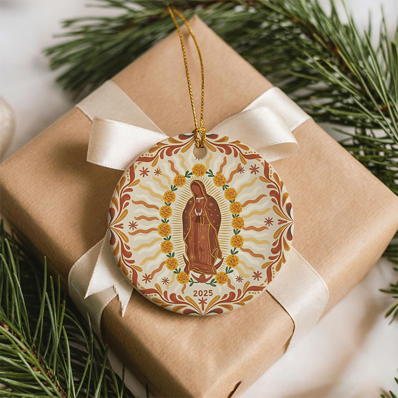 Personalized Our Lady of Guadalupe Marigolds Ceramic Ornament with Year Religious Gift Christmas Home Decor Catholic Gift