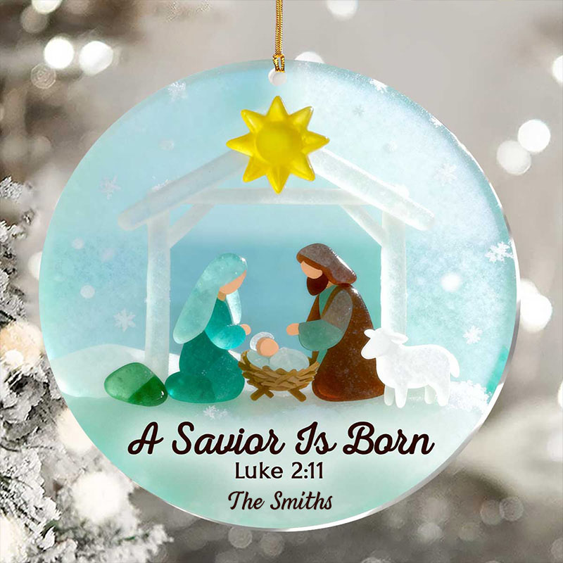 Personalized a Savior is Born Nativity Scene Acrylic Ornament with Family Name Religious Gift Christmas Tree Decor Christmas Gift for Family
