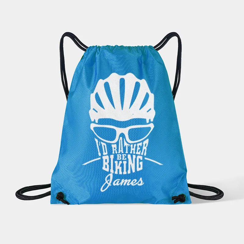 Personalized Drawstring Bag about Id Rather Be Biking Sports Backpack Bags Biker Typography Graphic Eco Friendly Tote Bag Bike Enthusiast Gift