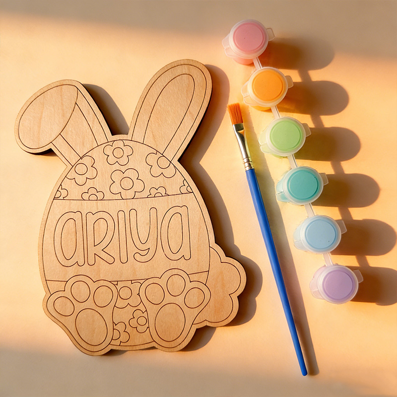 Personalized Easter Bunny Color Kit Custom Name Wooden Easter Egg Kids DIY Paint Set Easter Basket Stuffer Gift for Kids Toddler Craft Wood Bunny Craft