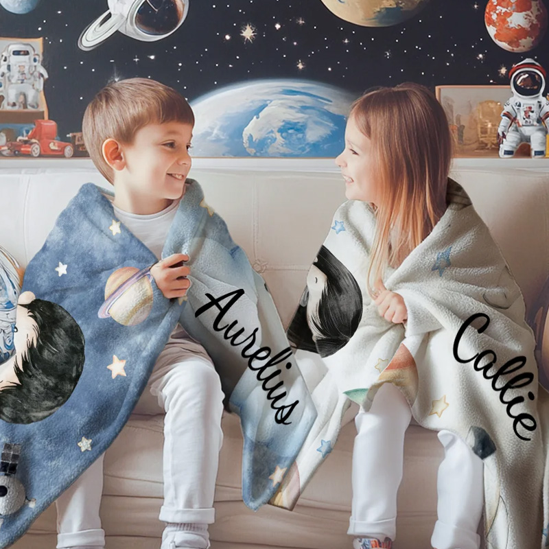 Personalized Cartoon Astronaut Soft Throw Blanket with Name Home Decor Birthday Gift for Girls Boys for Geek Lovers