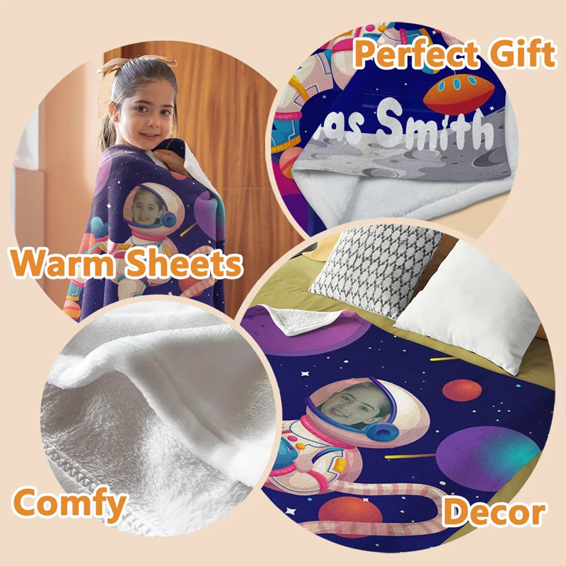 Personalized Planet Galaxy Fleece Blanket with Astronaut Avatar Universe Theme Home Decoration Birthday Gift for Kids Space Fans for Geek Lovers
