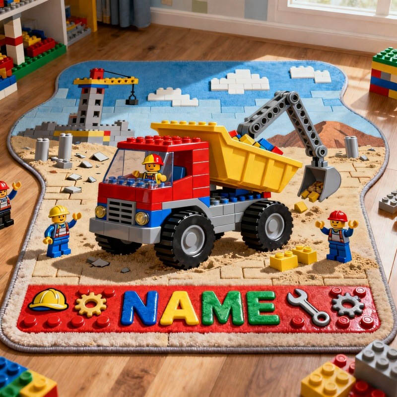 Personalized Graphic 3D Print Engineering Vehicle Video Games Rug Custom Name for Kids Gamer Game Lovers Gift for Birthday Christmas Holiday Party