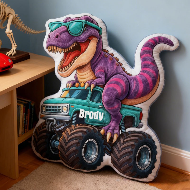 Personalized Dinosaur Monster Truck Name Custom Soft Decorative Gift Cool Adventure Style Fun Playful Cozy Boy Room Exciting Power Wheels Jurassic Fun Graphic 3D Print Pillow
