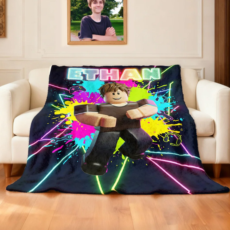 Personalized Neon Game Theme 3D Cube Style Photo Splatter Paint Soft Throw Blanket with Name Gaming Room Decor Birthday Gift for Gamer Kid