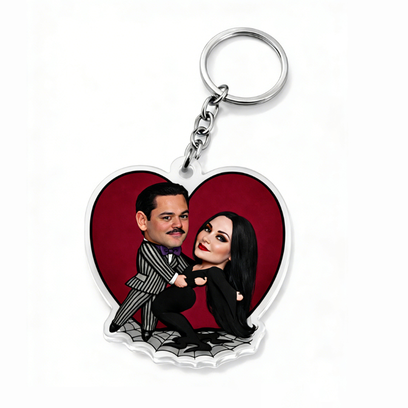 Personalized Gothic Cartoon Hearts Background Keychain Custom Photo Playfully Dark Holiday Gift