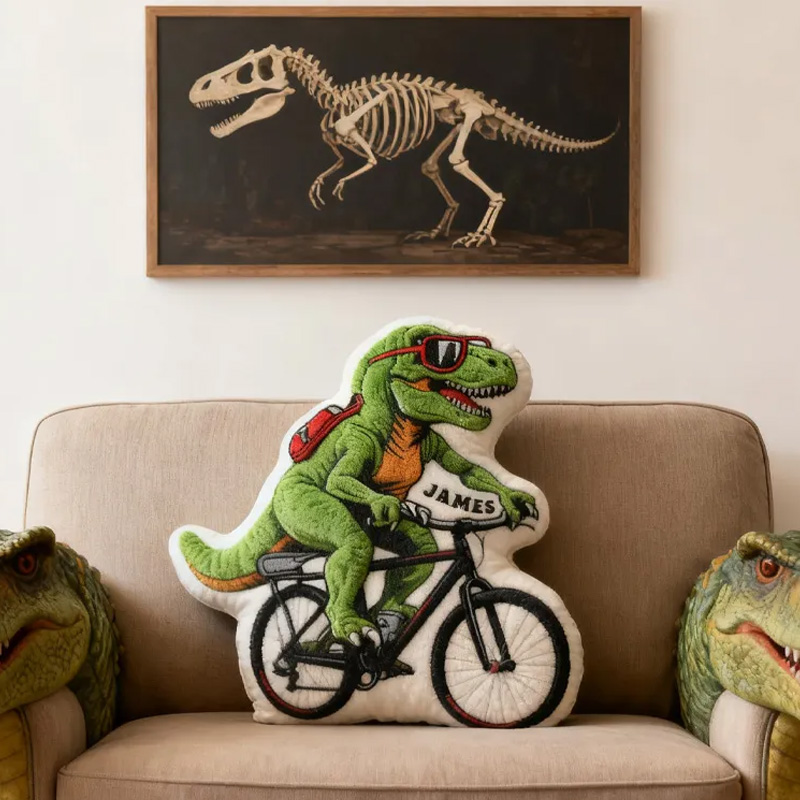 Personalized Dino Rider Bike Pillow Cozy Graphic 3D Print Cool Racing Biker Dino Pillow Name Pillow Comfortable Travel Cushion for Kids Boys Riding Lovers