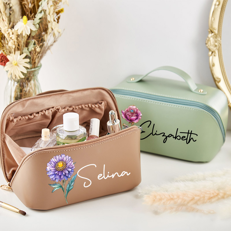 Personalized Retro Oil Painting Birth Flower with Birthstone Large Leather Cosmetic Bag Bridesmaid Gifts Bride Make Up Bag Bachelorette Party Favors