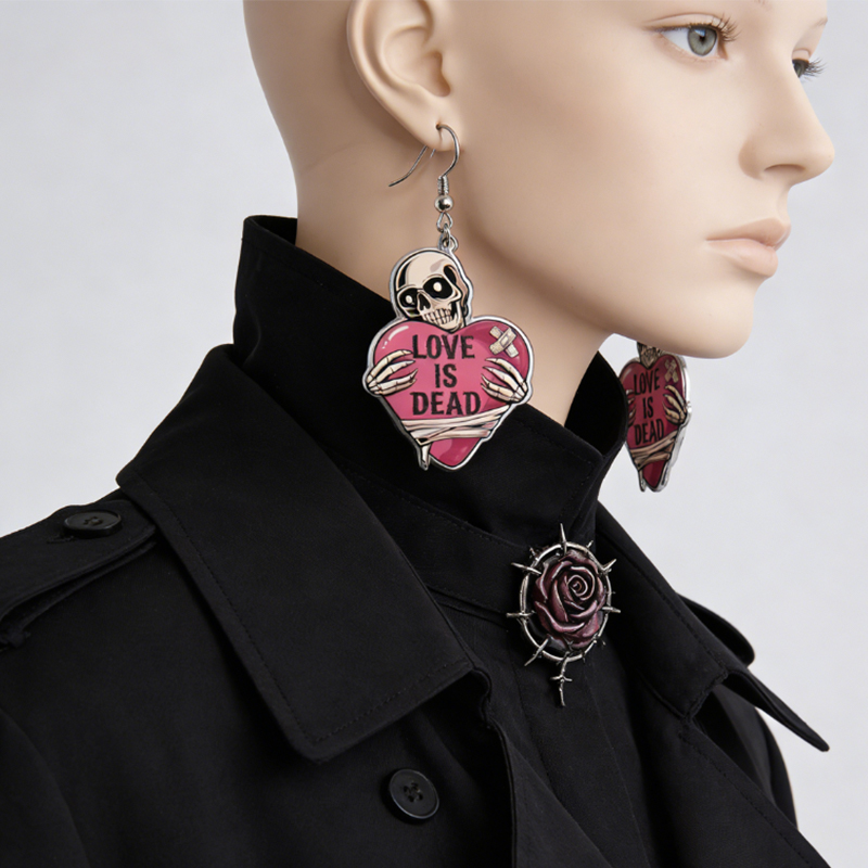 Personalized Acrylic Skull Heart Statement Earrings Dark Sweet Goth Style with Customizable Text for Edgy Fashion Fans