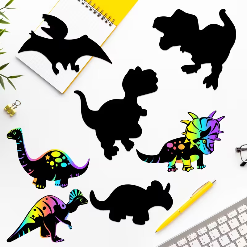 Personalized 48/24pcs Rainbow Dinosaur Scratch Art Set  Dinosaur Party and Room Decor Classroom Craft Birthday Party Supplies Gift for boy and girl Gift for kids Party Favors Event Organizers 