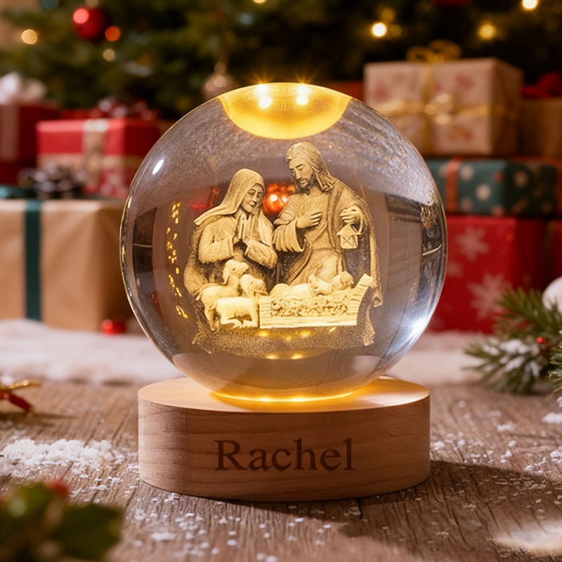 Personalized Nativity Scene 3D Spherical Crystal Lamp With Custom Text Religious Gift Christmas Gift Faith Gift