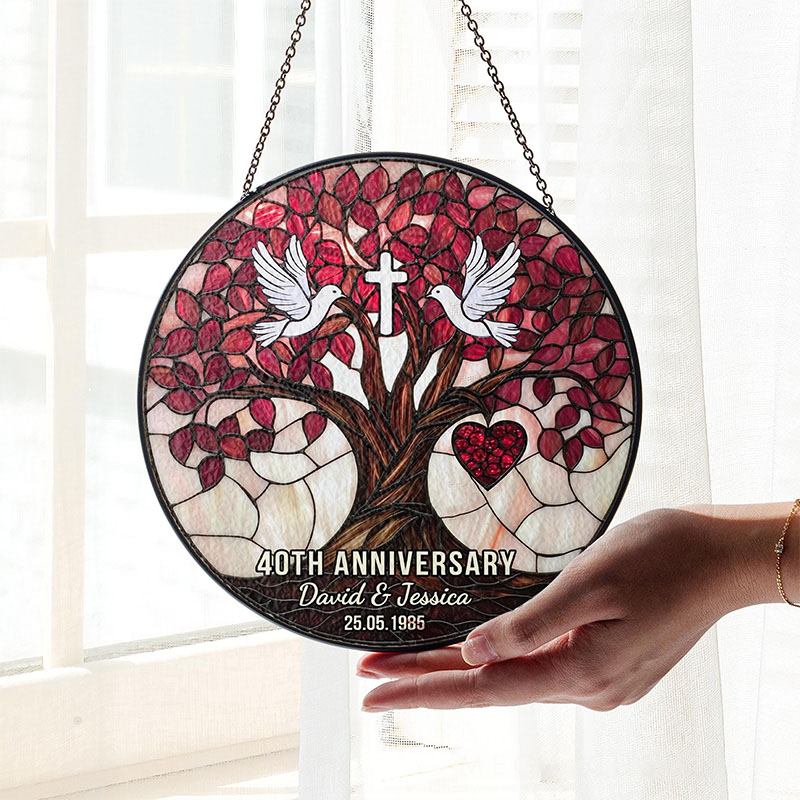 Personalized Dove Cross Christian Wedding Anniversary Stained Glass Suncatcher Ornament with Custom Name Window Hanging Decor Religious Gift for Couple Wedding Gift