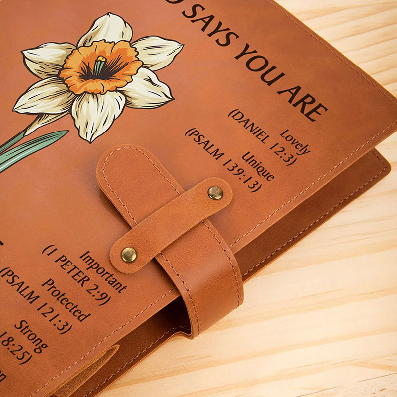 Personalized God Says you are Birth Flower PU Leather Notebook Cover with Name Religious Gift Birthday Gift for Christian