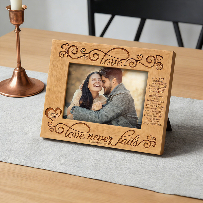 Personalized Love Never Fails Picture Frame with Custom Names Christian Corinthians 13:4-8 Picture Frame Wedding Gift Valentines Day Gift for Couple