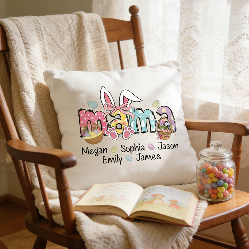Personalized Mama Easter Pillow with Kids Names Custom Double Side Bunny Pillow Easter Gift for Mom Kids