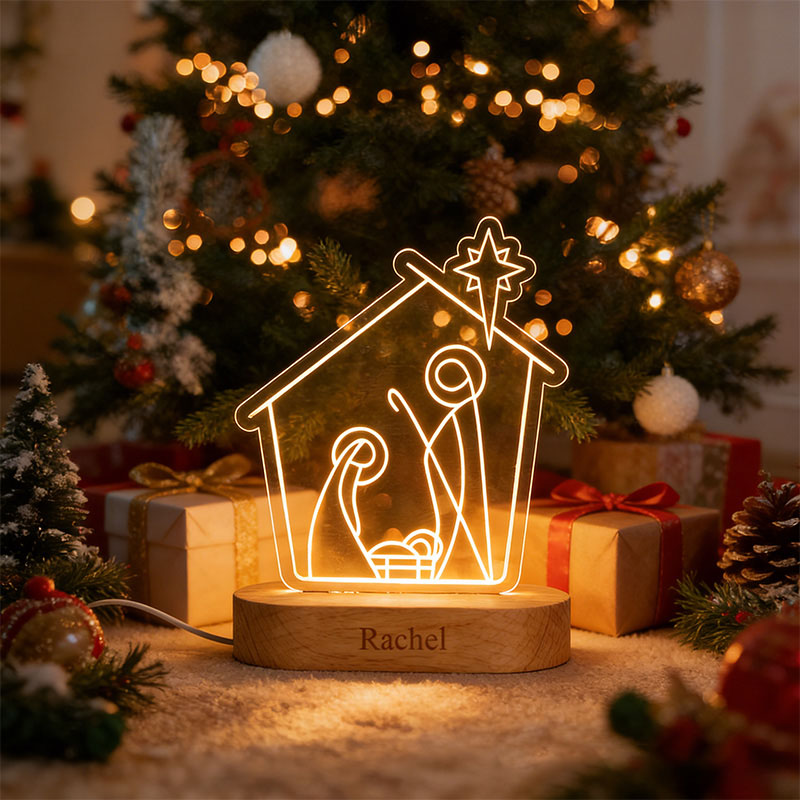 Personalized Nativity Scene LED Night Light with Name Wooden Base Home Decor Religious Gift Christmas Gift for Kid