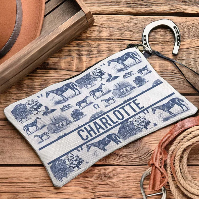 Personalized Equestrian Pattern Linen Makeup Bag with Name Birthday Gift for Women Riding Lovers