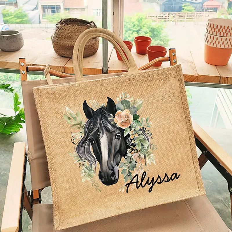 Personalized Floral Horse Reuseable Jute Tote Bag with Name Birthday Christmas Gift for Riding Lovers Equestrian Lovers
