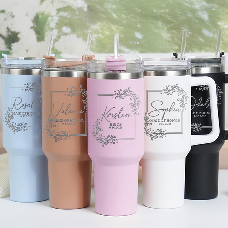 Personalized Bridesmaid Rectangle Wreath 40oz Tumbler Maid of Honor Tumbler with Lid and Straw Bride Bachelorette Party Gift Bridal Shower Tumbler
