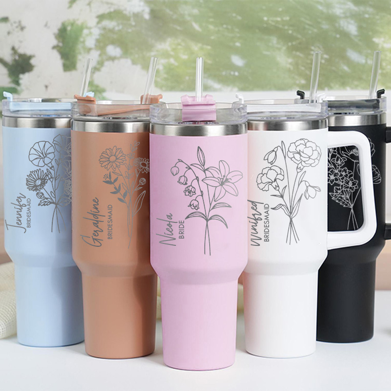 Personalized Stunning Bridesmaid Birth Flower 40oz Tumbler Maid of Honor Month Flower Tumbler with Lid and Straw Bachelorette Party Bridal Shower Gift