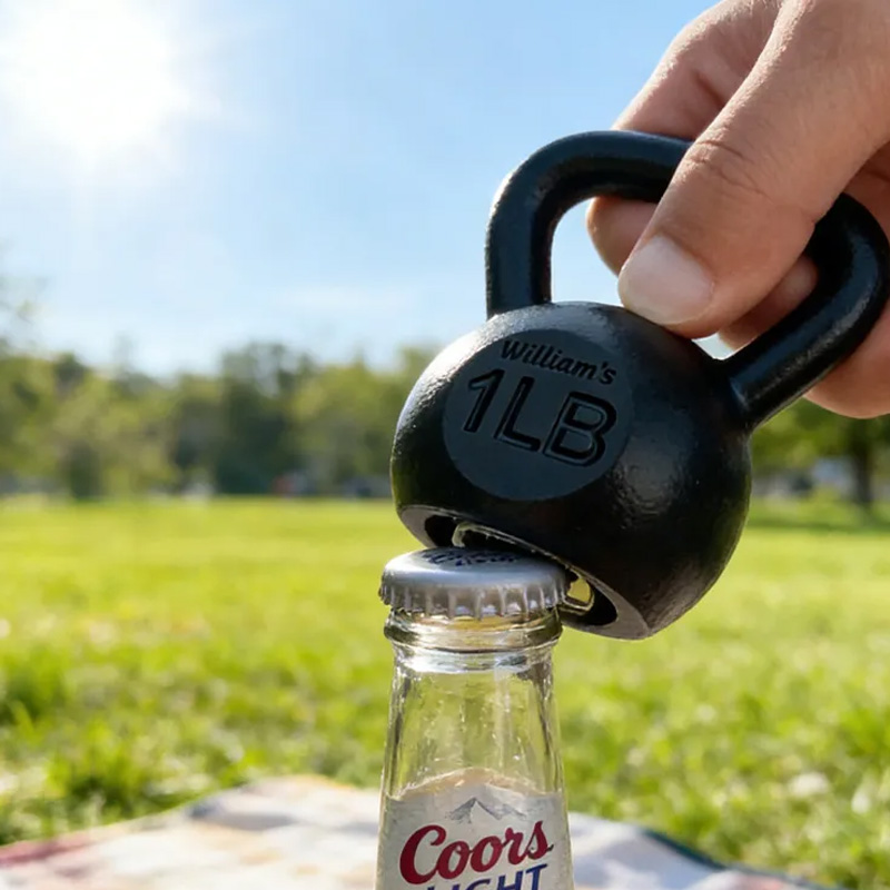 Personalized 1lb Kettlebell Bottle Opener Handmade Genuine CastIron with Authentic Plating for Gym Lovers