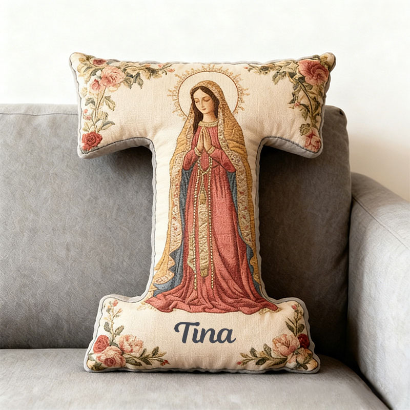 Personalized Our Lady of Guadalupe Rose Floral Graphic 3D Print Letter Pillow with Custom Name Religious Home Decor Catholic Gift for Women