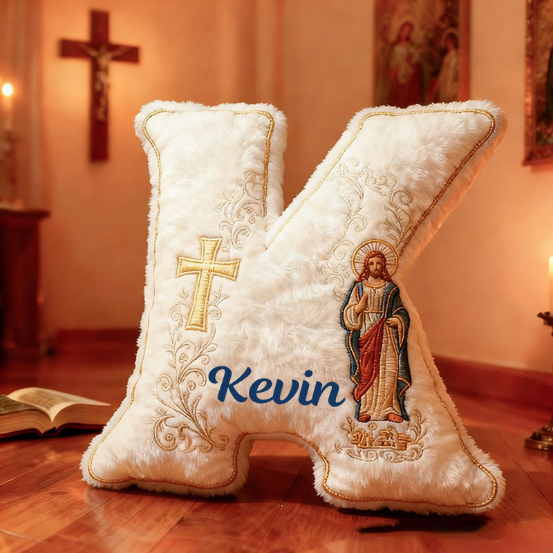 Personalized Jesus Cross Letter Pillow with Custom Name Home Decor Graphic 3D Print Pillow Religious Faith Gift for Christians Jesus Lover Gift