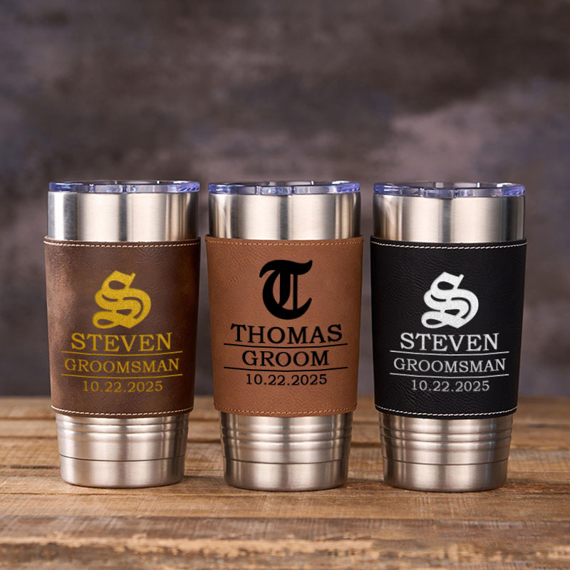 Personalized Groomsman 20oz Tumblers Vintage Groomsmen Leather Tumbler Groom Gift Best Man Gift Bachelor Party Favors Tumbler