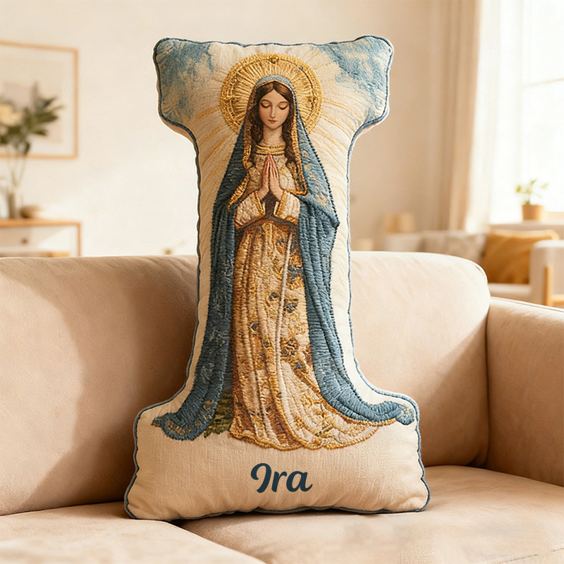 Personalized Virgin Mary Blue Letter Pillow with Custom Name Religious Home Decor Catholic Gift for Her Prayer Faith Gift Graphic 3D Print Pillow