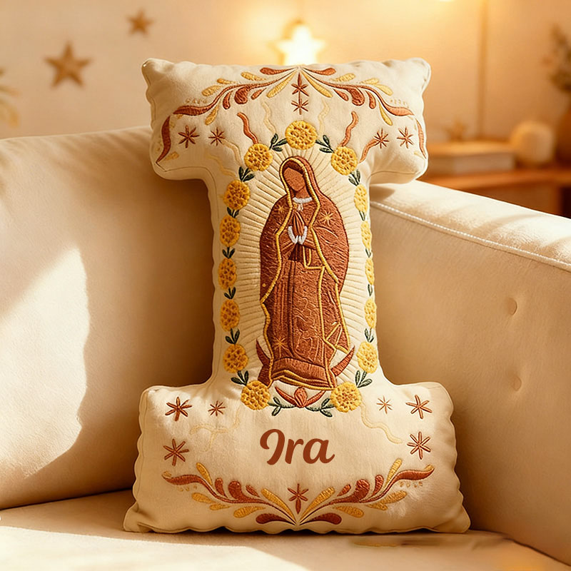 Personalized Our Lady of Guadalupe Marigold Letter Pillow with Custom Name Home Decor Religious Gift Catholic Gift for Women Graphic 3D Print