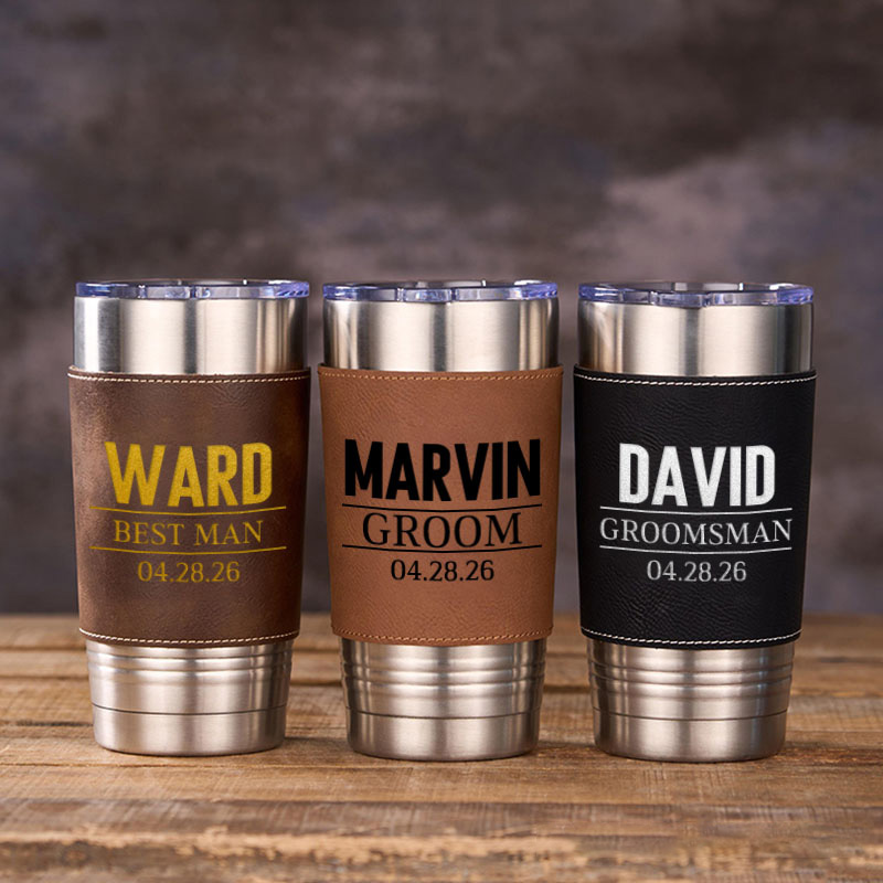 Personalized Groomsmen Gifts 20oz Leather Tumbler Engraved Leather Sleeve Coffee Mug for Groom Best Man Gift Bachelor Party Gift Tumbler