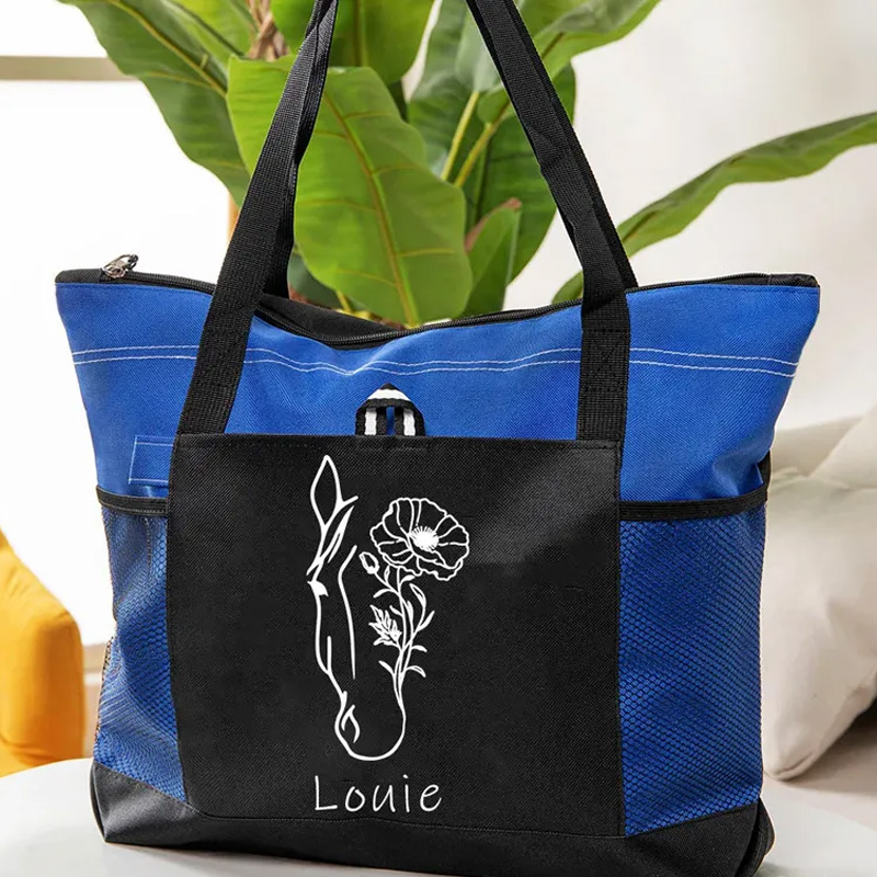 Personalized Horse Birth Flower Oxford Large Tote Bag with Name Travel Essentials Birthday Gift for Riding Lovers