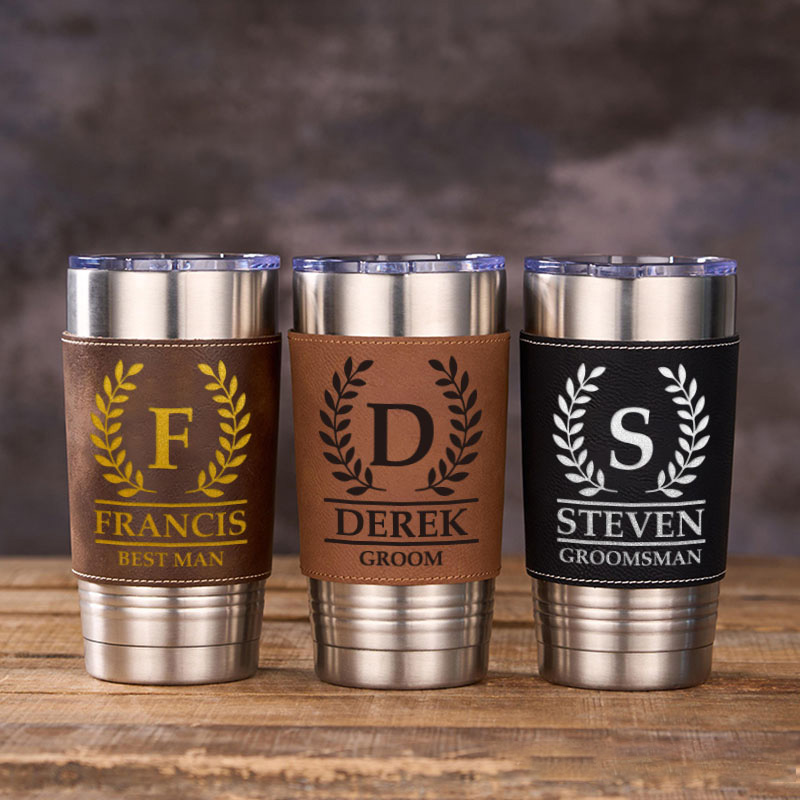 Personalized Engraved Groomsmen Tumbler 20oz Groomsman Tumbler with Leather Sleeve Men’s Coffee Mug for Groom Best Man Wedding Party Gift Tumbler
