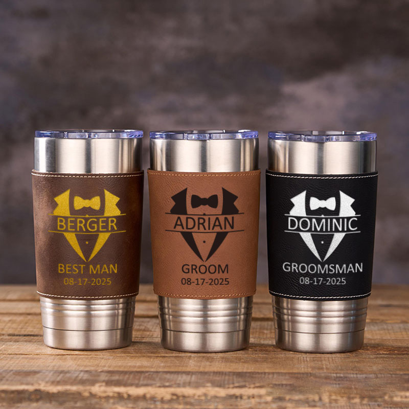 Personalized Groomsmen Gifts Tumbler 20oz Tumbler with Leather Sleeve for Men Groom Best Man Bachelor Party Gift Tumbler for Him