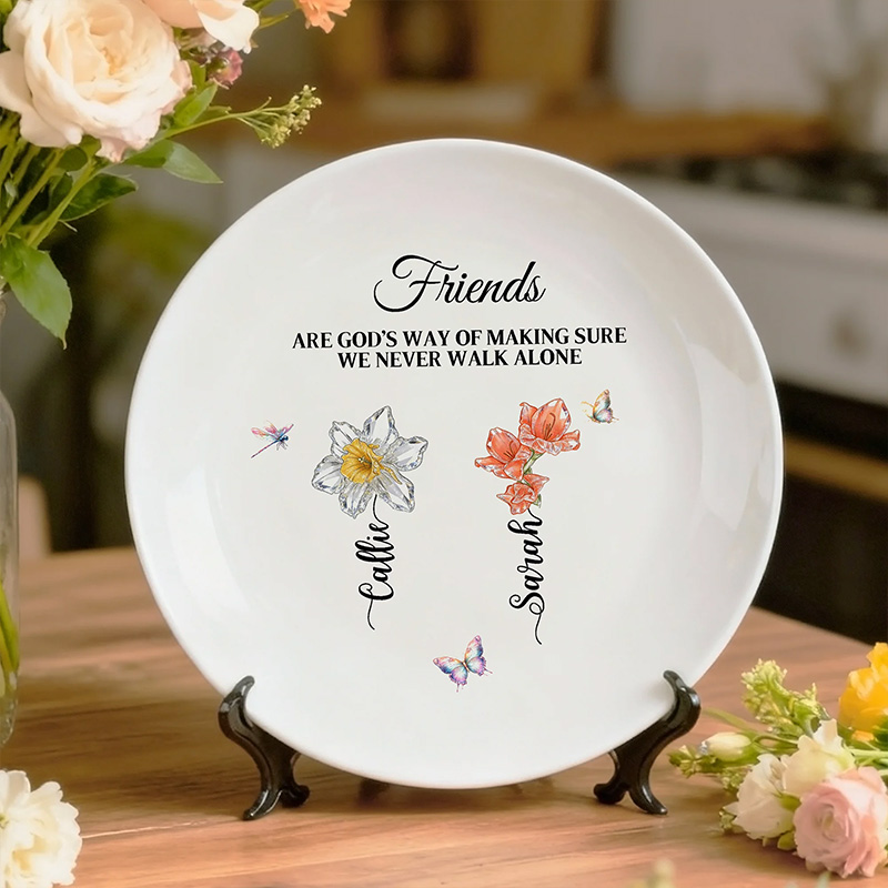 Personalized Crystal Birth Flower Ceramic Decorative Plate with Names and Text Daily Use Birthday Gift for Friends Wedding Gift for Bridesmaid Bestie