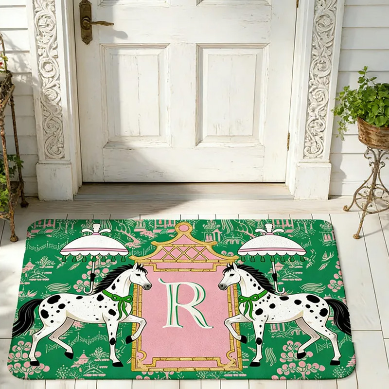 Personalized Horses Pagoda Chinoiserie Non Slip Door Mat with Initial Entryway Home Decor Housewarming Gift for Family for Riding Lovers Equestrian Lovers