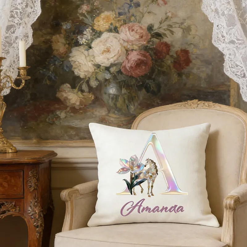 Personalized Horse Riding Birth Flower Initial Throw Pillow Cover with Name Home Decor Birthday Anniversary Gift for Horse Owner Lover Riding Lovers Equestrian Lovers
