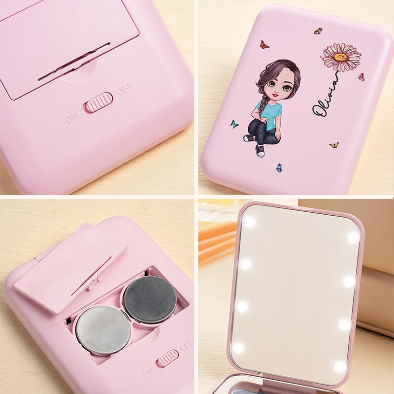 Personalized Cartoon Character Portable LED Double-Sided Compact Makeup Mirror with Birth Flower and Name Birthday Bridesmaid Gift for Women