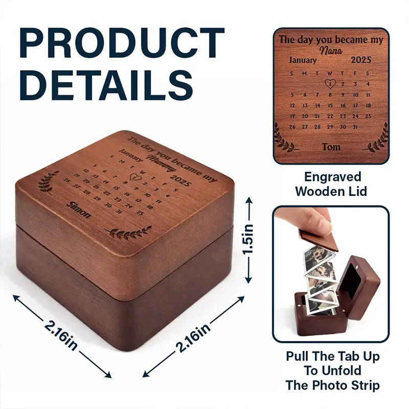 Personalized Wooden Accordion Photo Box Custom Photo Calendar The Day You Became My Mommy Daddy Gift for New Mom New Dad