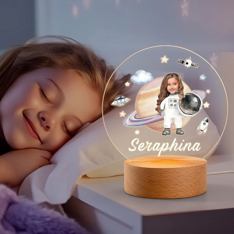 Personalized Astronaut Planet Face Photo LED Night Light with Name and Wooden Base Cute Room Decor Birthday Baby Shower Gift for Geek Lover