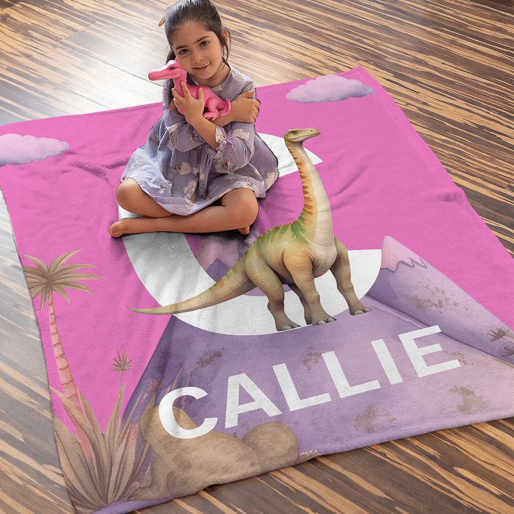 Personalized Cute Dinosaur Soft Throw Blanket with Initial Name Birthday Home Decor Gift for Kids