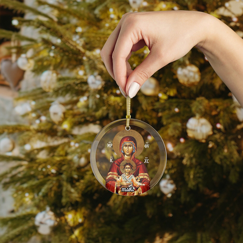 Personalized Virgin Mary Glass Ornament with Custom Name Theotokos Glass Decor Orthodox Nativity Ornament Religious Christian Gift