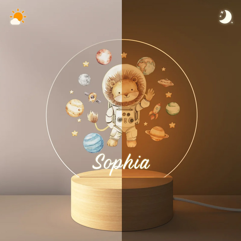 Personalized Cute Lion Bear Animal Astronauts Solar System Planets LED Night Light with Name and Wooden Base Nursery Decor Birthday Gift for Geek Lover