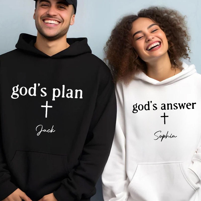 Personalized God's Plan God's Answer Matching Couple Christian Classic Hoodies with Custom Name Religious Gift Valentine Day Gift for Couple