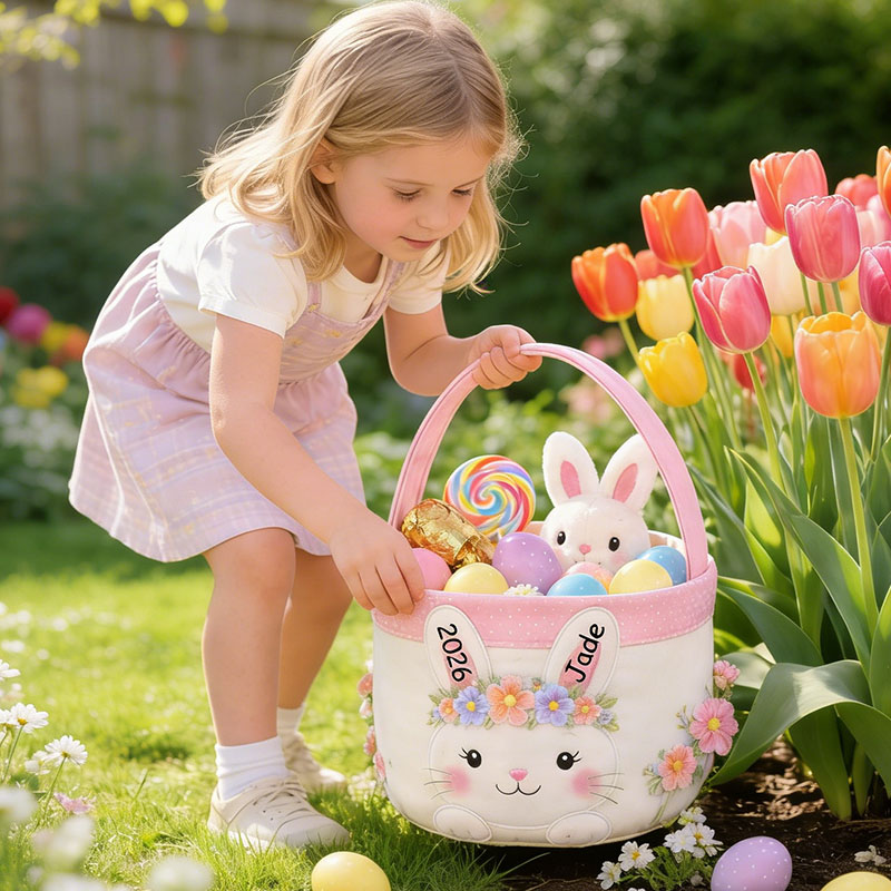 Personalized Easter Bunny Basket Custom Easter Basket Pink Easter Bunny Easter Basket for Girls Kids Gift for Easter