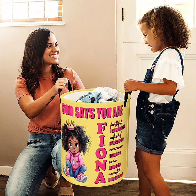 Personalized Cartoon Black Girl Bible Verse Name Storage Basket with Name Laundry Decor Daily Use Religious Gift for Girl