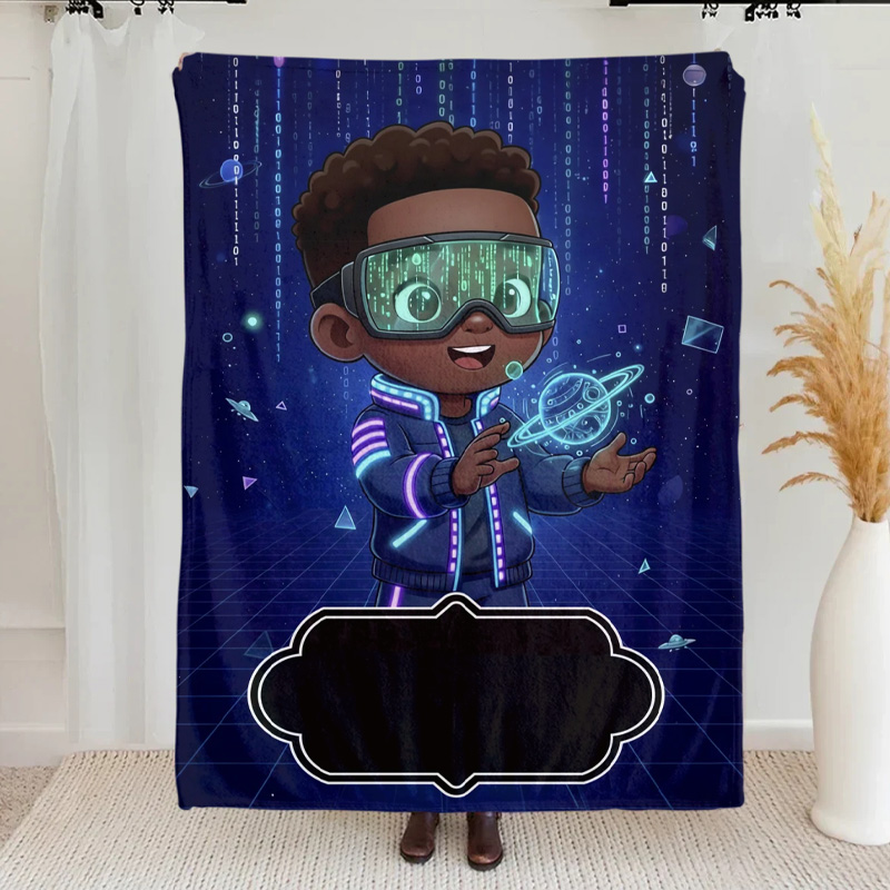 Personalized Cute Cartoon Little Dreamer Black Boy Soft Throw Blanket with Name Home Decor Birthday Gift for Geek Lover