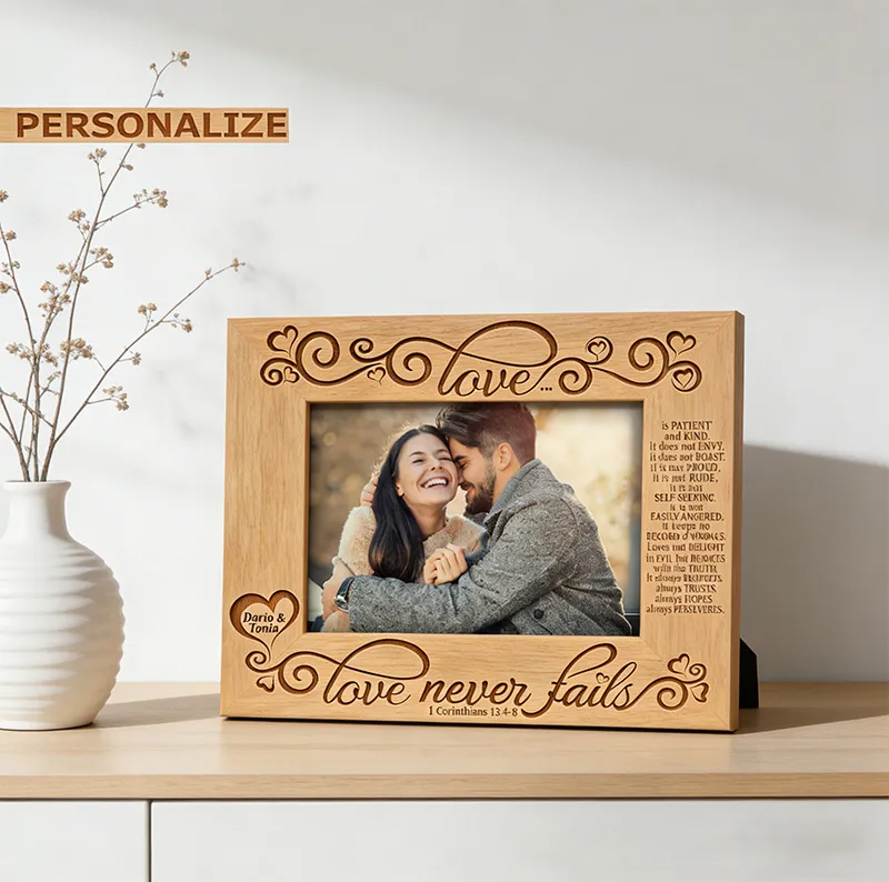 Personalized Love Never Fails Picture Frame with Custom Names Christian Corinthians 13:4-8 Picture Frame Wedding Gift Valentines Day Gift for Couple